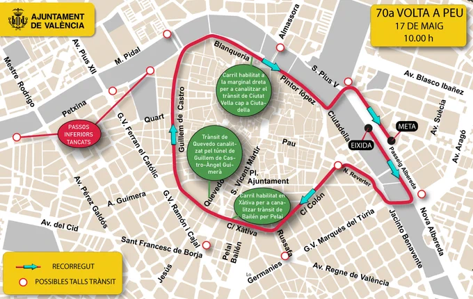 Mapa del recorrido 70ª Volta a Peu (17 mayo, 10:00) en València: ruta marcada, meta, cortes de tráfico y desvíos.