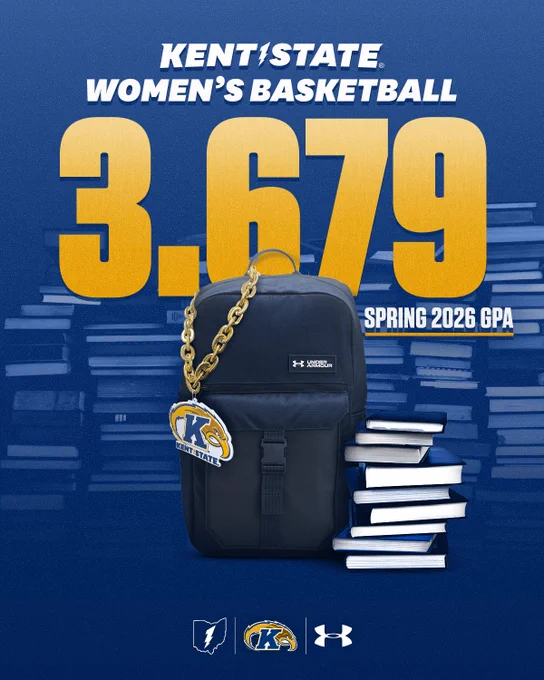 Blue and gold poster featuring Kent State Women's Basketball. Large text displays "3.679 Spring 2026 GPA" above a backpack with a Kent State logo medallion draped over it. A stack of books is placed alongside the backpack. Logos for the Mid-American Conference, Kent State, and Under Armour are at the bottom.