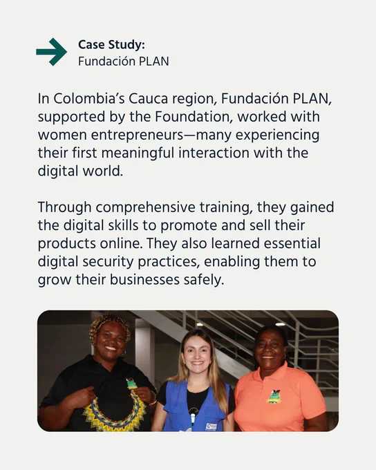 Three women smile and stand together. Text explains that the Foundation supported Fundación PLAN, which supports women entrepreneurs with digital skills training. 