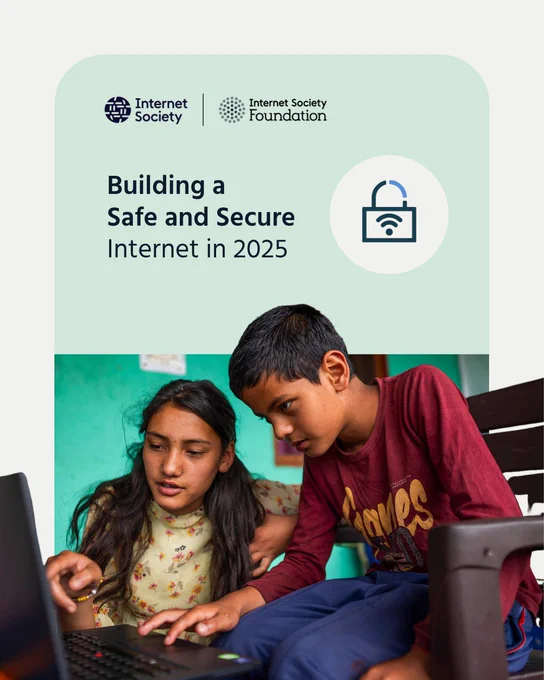 A boy and a girl sit and look at a computer. Title reads: Building a Safe and Secure Internet in 2025.