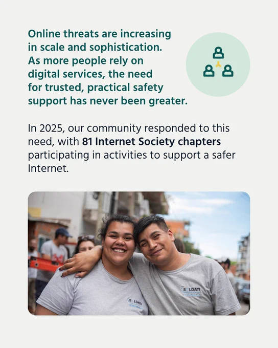 A man and a woman smile and stand together. Text explains that online threats are increasing in scale and sophistication, and in 2025, our community responded by supporting safer Internet initiatives. 