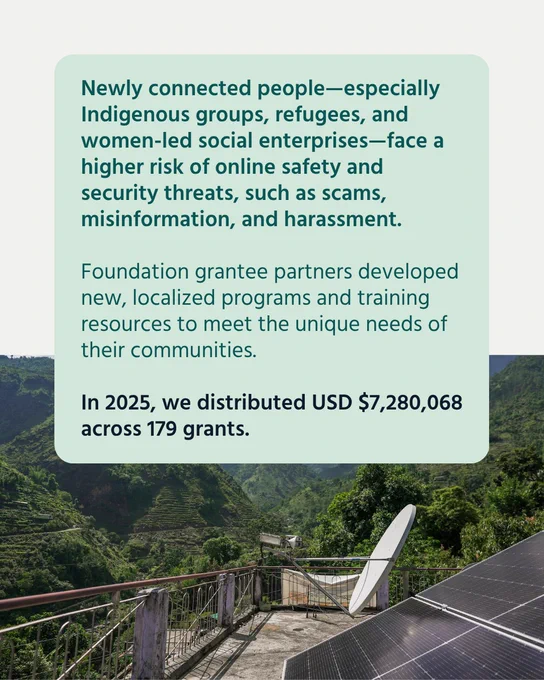 Internet infrastructure outside, with mountains in the background. Text explains that newly connected people are at a higher risk of online threats. The Foundation distributed grants and supported initiatives that help meet communities' needs. 