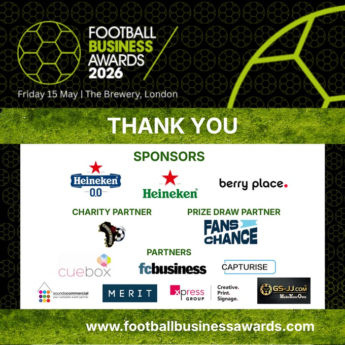Image showing sponsors and partners of the Football Business Awards 2026, including Heineken and Berry Place. The event is set for May 15 at The Brewery, London.