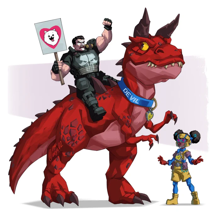 Punisher rides Devil Dinosaur into battle, advocating to protect and avenge all dogs. Moon Girl watches in amusement.