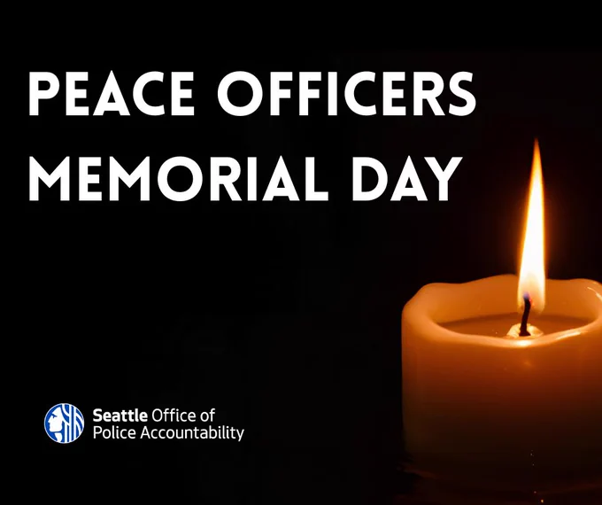 Image of a single lit candle on the left of the graphic with a black background. The top of the image says, “Peace Officers Memorial Day.” OPA’s logo is in the bottom left corner.  