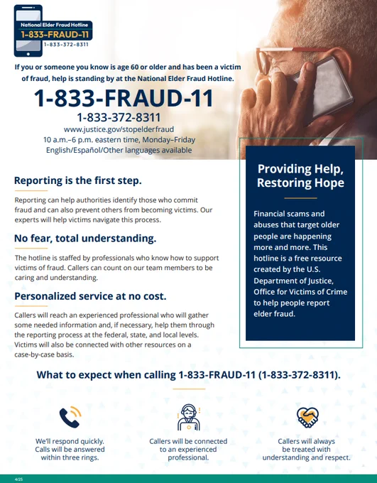 Flyer for National Elder Fraud Hotline number 1-833-FRAUD-11 for reporting elder financial scams and abuse.