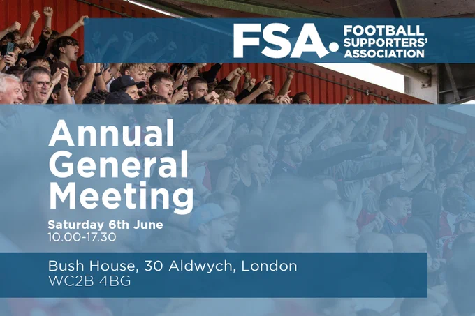 Blue social tile with fans in red celebrating and FSA AGM meeting details - see this link for further details: https://thefsa.org.uk/about/agm/