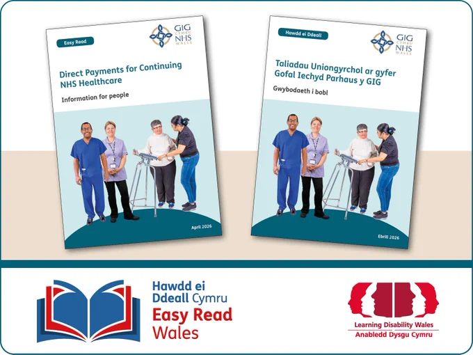 Front covers in English and Welsh of Easy Read Direct Payments for Continuing NHS Healthcare.