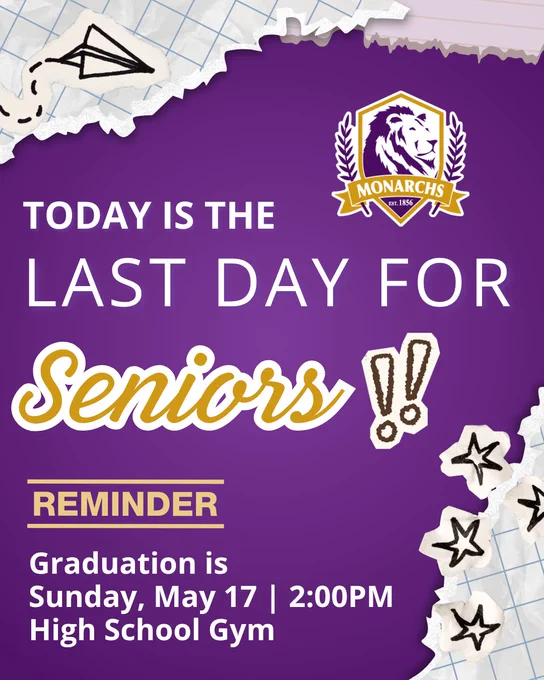 Graduation reminder for Denison seniors with bold text on purple background, noting May 17 at 2 PM in the high school gym.