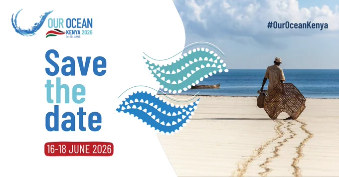 A person walks on a beach carrying large baskets. The image promotes "Our Ocean Kenya 2026" with the hashtag #OurOceanKenya and the dates 16-18 June 2026. Decorative waves are included beside the text "Save the date.