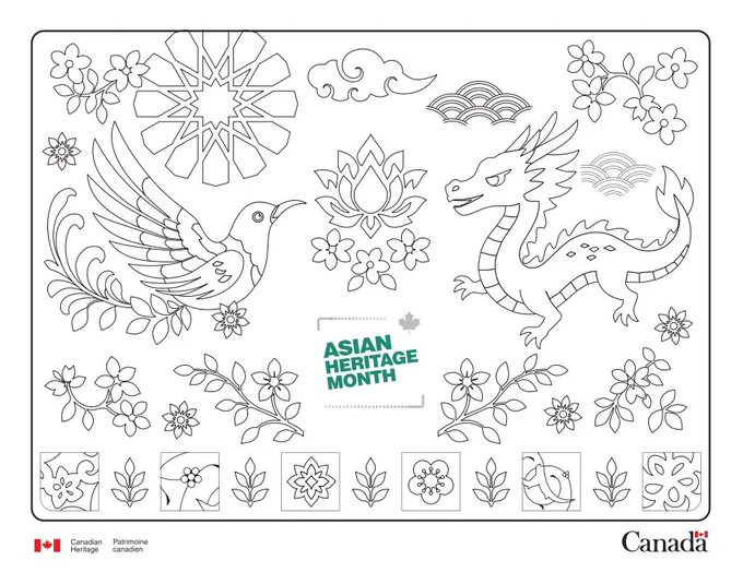 Black and white colouring page featuring an Asian dragon, a bird, floral patterns, and clouds with Asian Heritage Month text in the center. The Canada wordmark in the bottom right corner. 