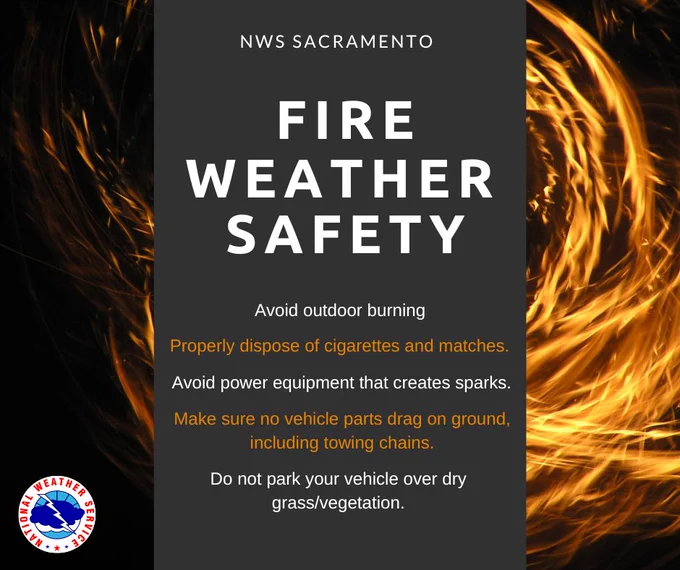 
Fire Weather Safety: Avoid outdoor burning. Properly dispose of cigarettes and matches. Avoid power equipment that creates sparks. Make sure no vehicle parts drag on the ground, including towing chains. Do not park your vehicle over dry grass/vegetation. 