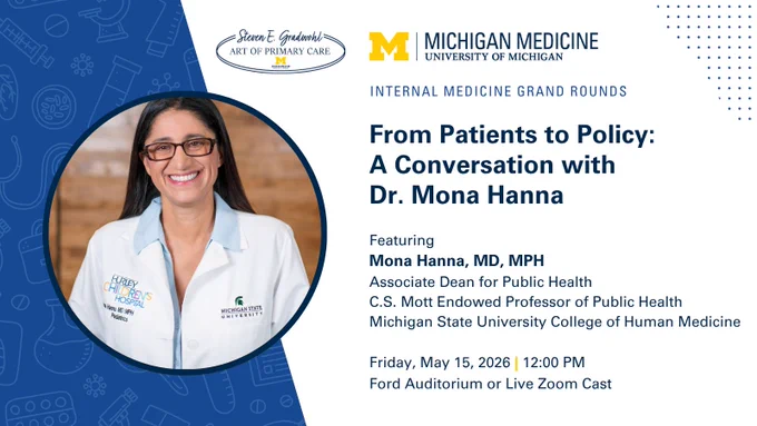 Photo of Dr. Mona Hanna and information on the Gradwohl Grand Rounds presentation