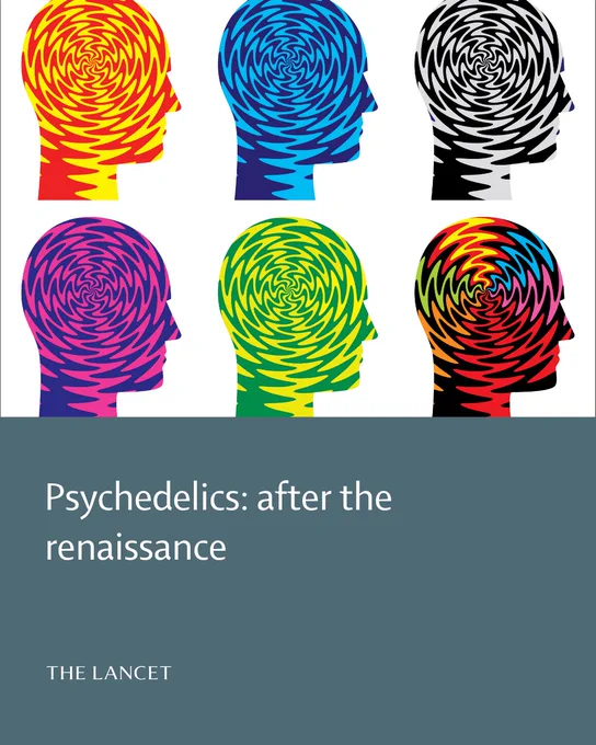 Promotional card for The Lancet's May 16, 2026 Editorial entitled \"Psychedelics: after the renaissance\". The top half on the card is a vector illustration of six head profiles with a psychedelic twist pattern on them. The bottom half of the card has a grey background with the text  \"Psychedelics: after the renaissance\" and The Lancet logo.