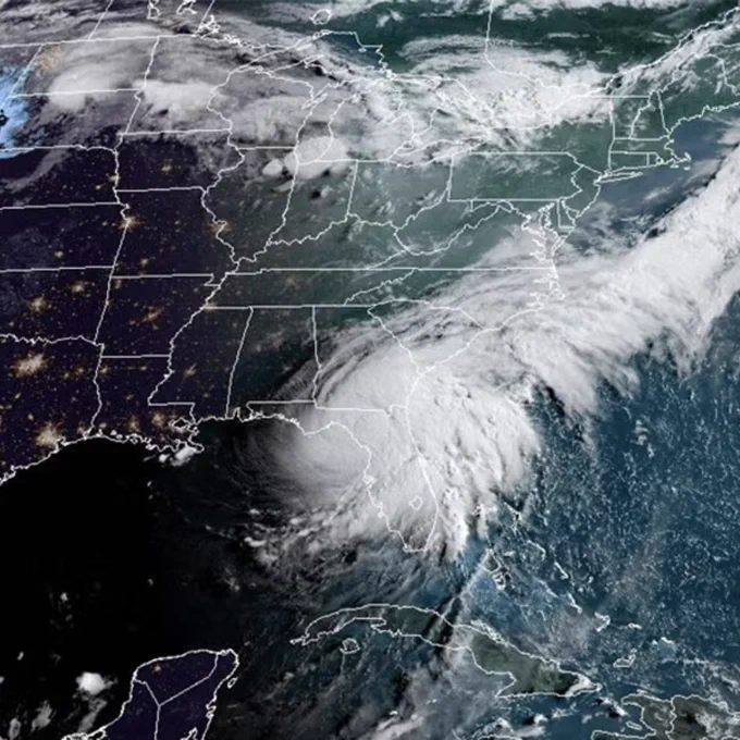 A satellite image depicts Hurricane Debby making landfall along the coast of Florida in the Big Bend region of the state's panhandle as a Category 1 storm on the morning of Aug. 5, 2024. Courtesy of NOAA.