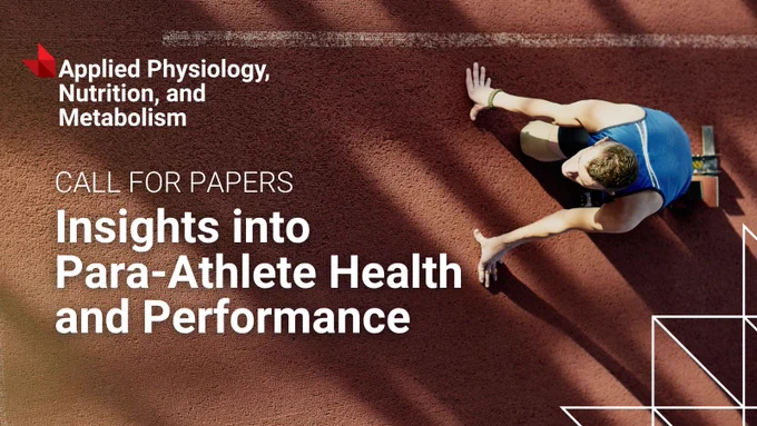 Top-down view of a para-athlete in a blue uniform preparing to start a race on a track with a call for papers on para-athlete health and performance.