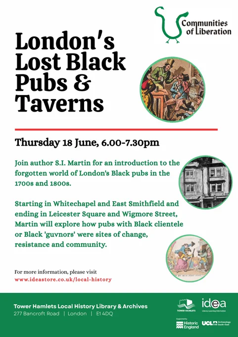 Poster for 'London's Lost Black Pubs & Taverns' event on Thursday 18 June, featuring author S.I. Martin.