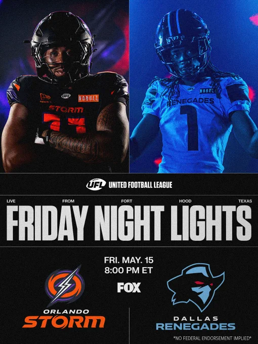 A dynamic promotional poster for a United Football League match between Orlando Storm and Dallas Renegades, featuring striking player images and bold text. The mood is tense and exciting.