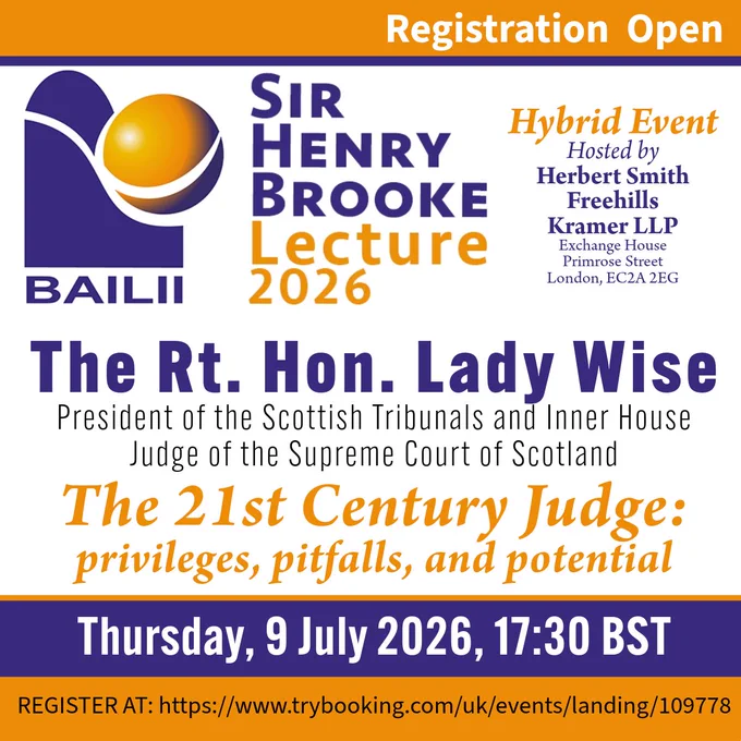 BAILII Sir Henry Brooke Lecture 2026 logo and text about the 9 July 2026 event