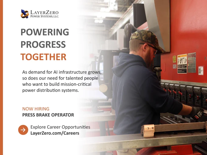 A LayerZero Power Systems team member operating a press brake machine during the fabrication of mission-critical power distribution equipment used in AI, data center, and critical infrastructure environments.
