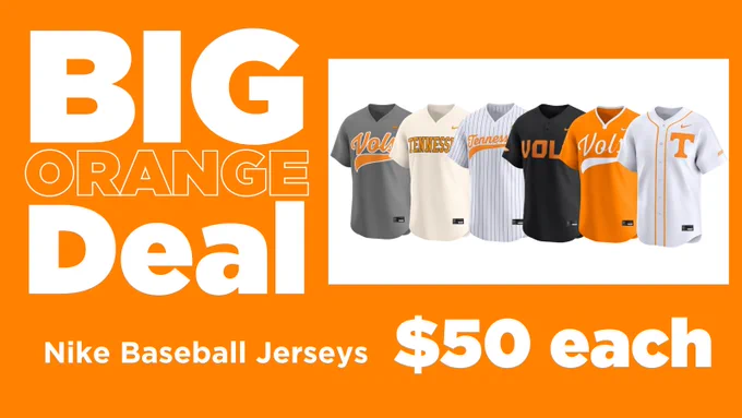 A BIG Orange Deal graphic showing Nike Baseball Jerseys for $50 each.