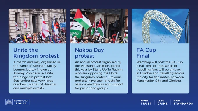 What's on in London image showing the Unite the Kingdom protest, Nakba Day protest and FA Cup Final.