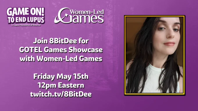 A purple graphic displaying the following information: Friday May 15th at 12pm Eastern: twitch.tv/8bitDee
