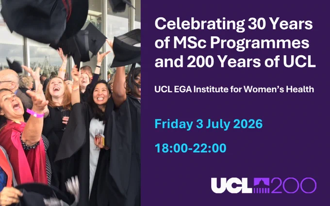 Image of smiling UCL EGA Institute for Women's Health staff and students celebrating graduation by throwing graduation mortarboards in the air.