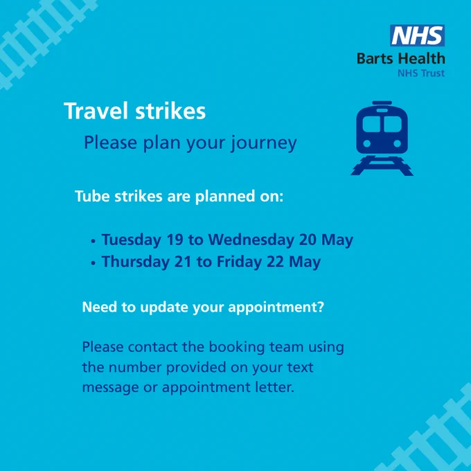 Blue graphic showing dates of travel strikes next week - Tuesday 19 to Friday 22 May