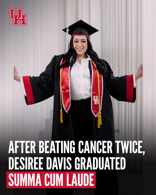 Graduate in a cap and gown smiles with arms outstretched in front of white columns. Text reads: After beating cancer twice, Desiree Davis graduated summa cum laude.