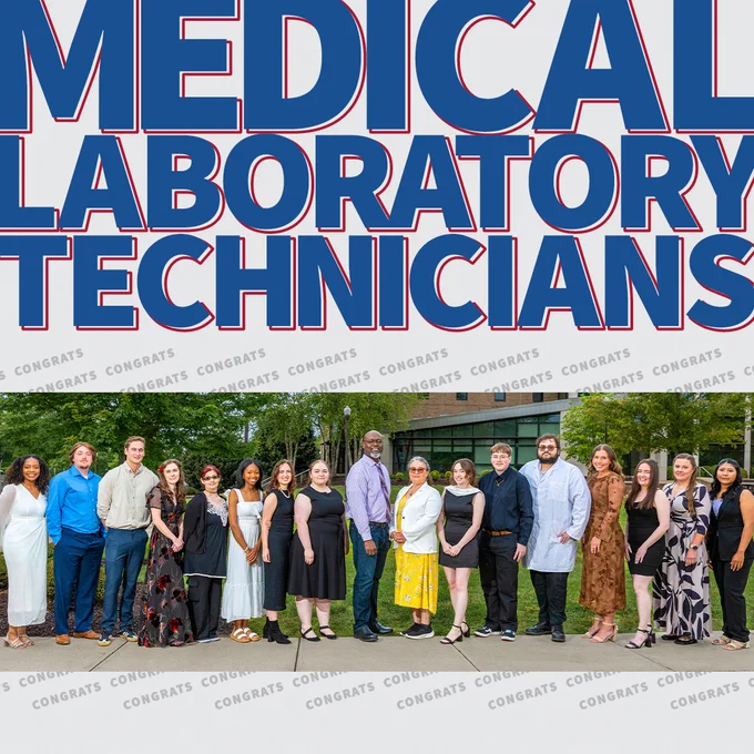 “Medical Laboratory Technicians’
Image shows many recent graduates, in a straight line, with faculty instructors/professors.