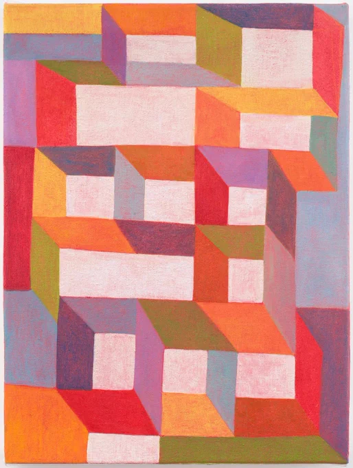 A dizzying painting: crooked, tessellating cubes in red, orange, yellow, olive, sky blue, and lavender — a bold red imprimatura energizing every surface. The cubes’ white faces recede and flatten at once, the canvas pulsing with geometric tension.