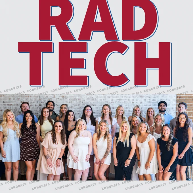 “Rad Tech”
Three rows of student graduates are smiling and looking at the camera, dressed in formal attire.