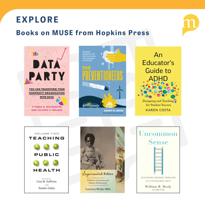 Text reading "Explore books on MUSE from Hopkins Press" above a collection of Hopkins Press book covers.