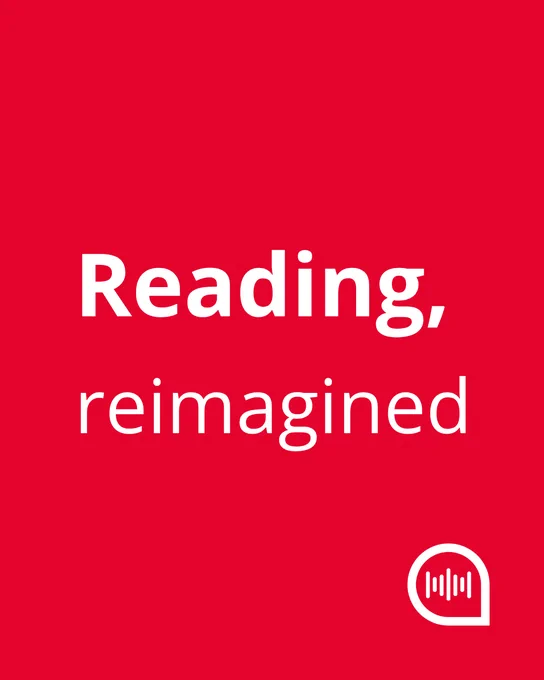 White text 'Reading, reimagined' on a solid red background with a small white soundwave icon.