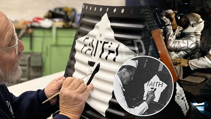 Luna Replicas' Mercury spacecraft reproduction shingles are metal, hand-painted replicas of the "nose art" from the first U.S. human spaceflight program. Seen here, Eddy May paints the "Faith 7" logo in the same style as B.R. Schuster (inset) did on Gordon Cooper's Mercury capsule in May 1963. (Luna Replicas/NASA)