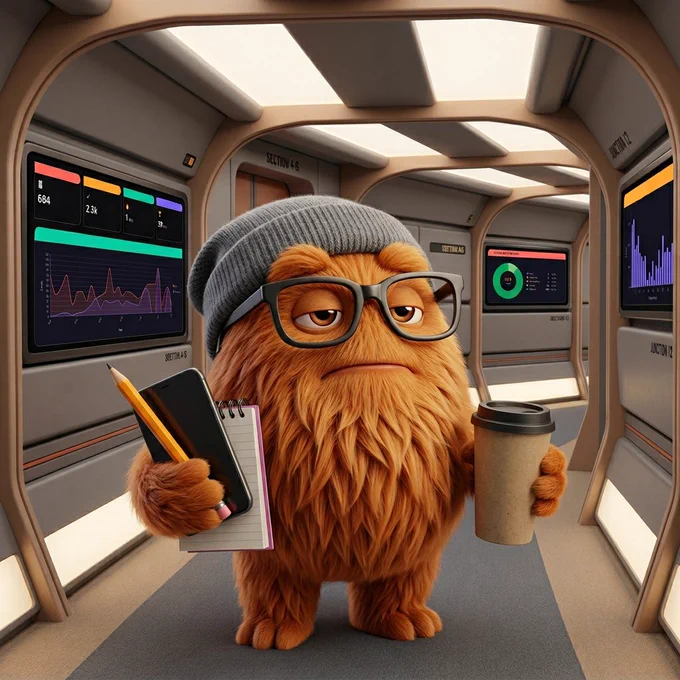An alien wearing a gray beanie and glasses stands tired in the hallway of a starship with a cup of coffee, and their language learning materials.