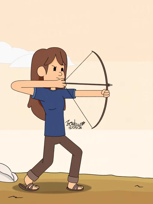 Lorena pointing at something with her arrow and bow