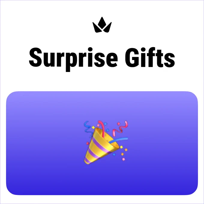 Graphic reading “Surprise Gifts” above a purple rounded rectangle with a party popper emoji and a small black logo at the top.