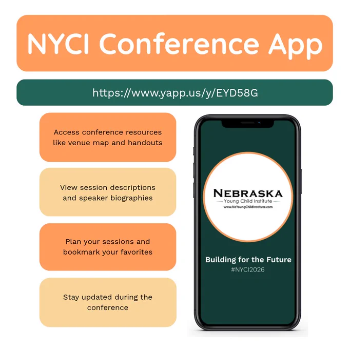 Smartphone displaying Nebraska Young Child Institute app with conference features like session planning and updates.