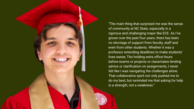Graduate in red cap and gown with gold stole. Text says, “The main thing that surprised me was the sense of community at NC State, especially in a rigorous and challenging major like ECE. As I’ve grown over the past four years, there has been no shortage of support from faculty, staff and even from other students. Whether it was a professor extending deadlines to make students’ lives easier, TAs holding extra office hours before exams or projects or classmates lending advice or clarification on assignments, I never felt like I was navigating the challenges alone. That collaborative spirit not only pushed me to do my best, but reminded me that asking for help is a strength, not a weakness.”