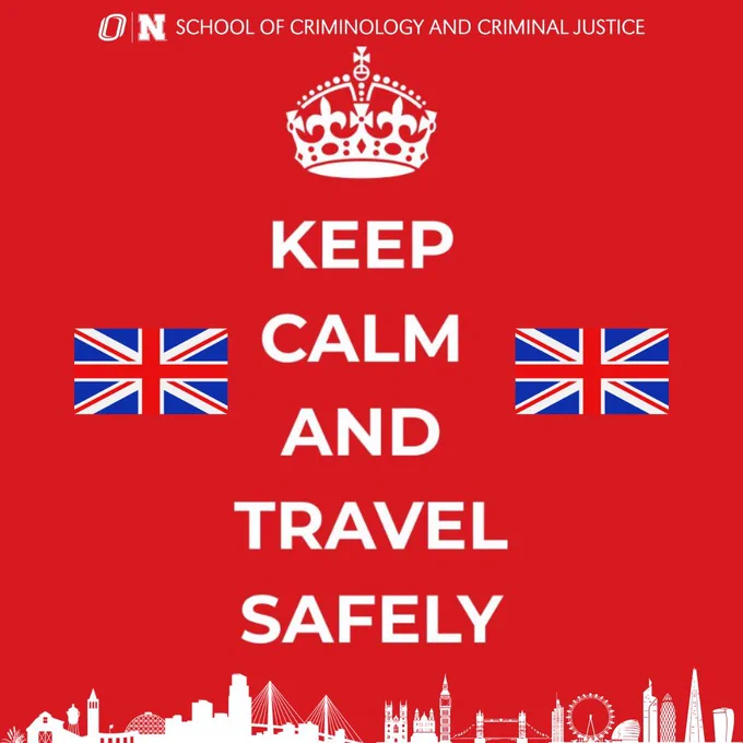 Red background. All white SCCJ logo at top. Below it is a crown. White silhouettes of Omaha and London skylines at bottom. British flags mid post on either side of the text, which reads KEEP CALM AND TRAVEL SAFELY.