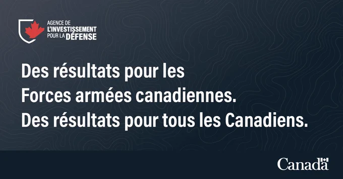 L'engagement de l'Agence d'investissement de la Défense à servir les Forces armées canadiennes et le public, illustré par un drapeau canadien et un fond sombre texturé. Le texte indique : « Des résultats pour les Forces armées canadiennes. Des résultats pour  tous les Canadiens. »