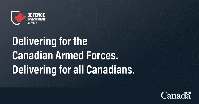 Defence Investment Agency's pledge to serve Canadian Armed Forces and the public, displayed with a Canadian flag symbol and dark textured background. Text reads "Delivering for the Canadian Armed Forces. Delivering for all Canadians"