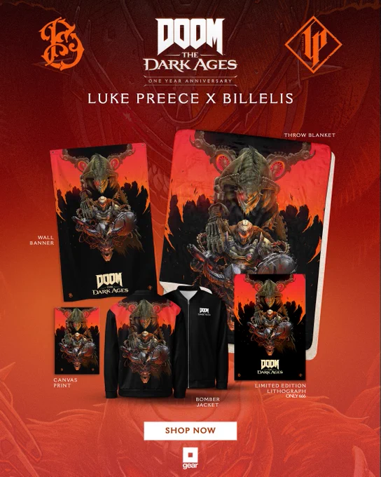 Image featuring the DOOM: The Dark Ages One Year Anniversary art created by Luke Preece x Billelis available on the Bethesda Gear Store.
