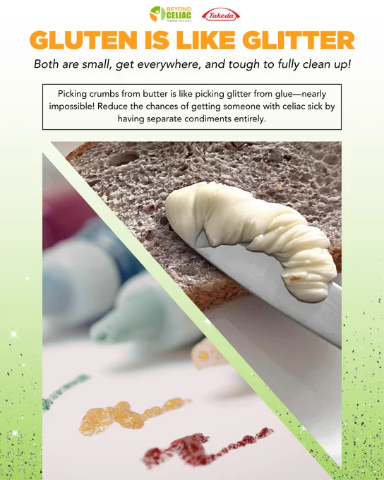 A photo of spreading butter on bread next to a photo of glitter glue.