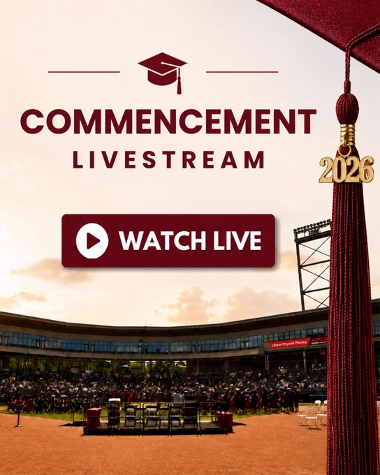 Commencement Livestream Watch Now text with image of field in background and 2026 grad cap and tassel