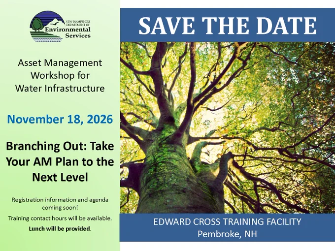 Flyer advertising an upcoming asset management workshop for water infrastructure on November 18, 2026 at the Edward Cross Training Facility in Pembroke, New Hampshire.