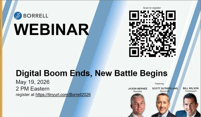 The webinar keys off Borrell's 65-page annual benchmarking report identifying and analyzing new trends on the local media landscape. Important charts from the report will be discussed by CEO Gordon Borrell and EVP Corey Elliott from Borrell Associates. Featured guests are Bill Wilson, CEO of Townsquare Media; Scott Sutherland, EVP of Media Operations Bonneville International; and Jason Neknez, Newsday's Director of Local Retail Advertising. This 60-minute webinar will feature questions from attendees and will address:

* What triggered digital's low-growth phase
* The new battle for market share, and what it entails
* The critical weapon that 60% of local media companies don't have but will need to survive the batttle
* Why local SEM advertising stopped growing in 2025
* How the newest disruptor, AI advertising and AI SEO, could change everything
* What to do about all of the above