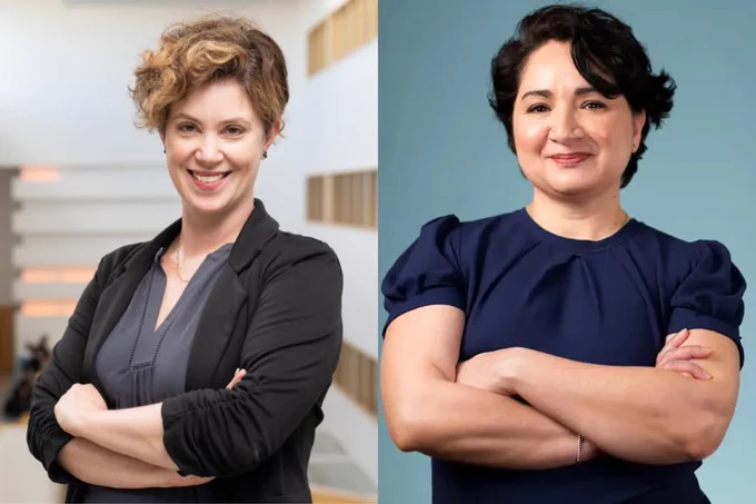 Two women standing in separate photos with arms crossed.